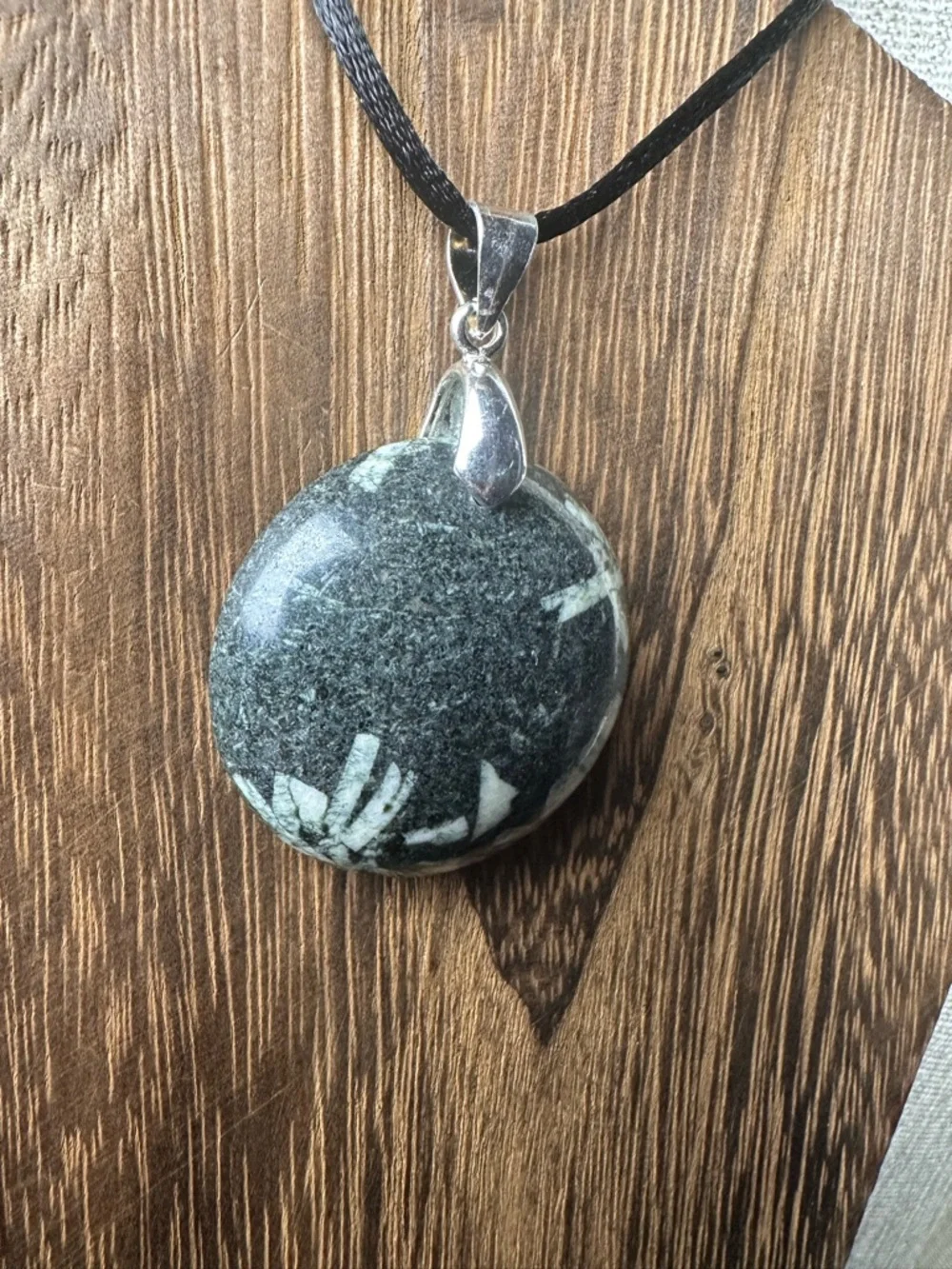 Round Chinese Writing Stone Pendant Necklace on Black Rope, Sterling Silver